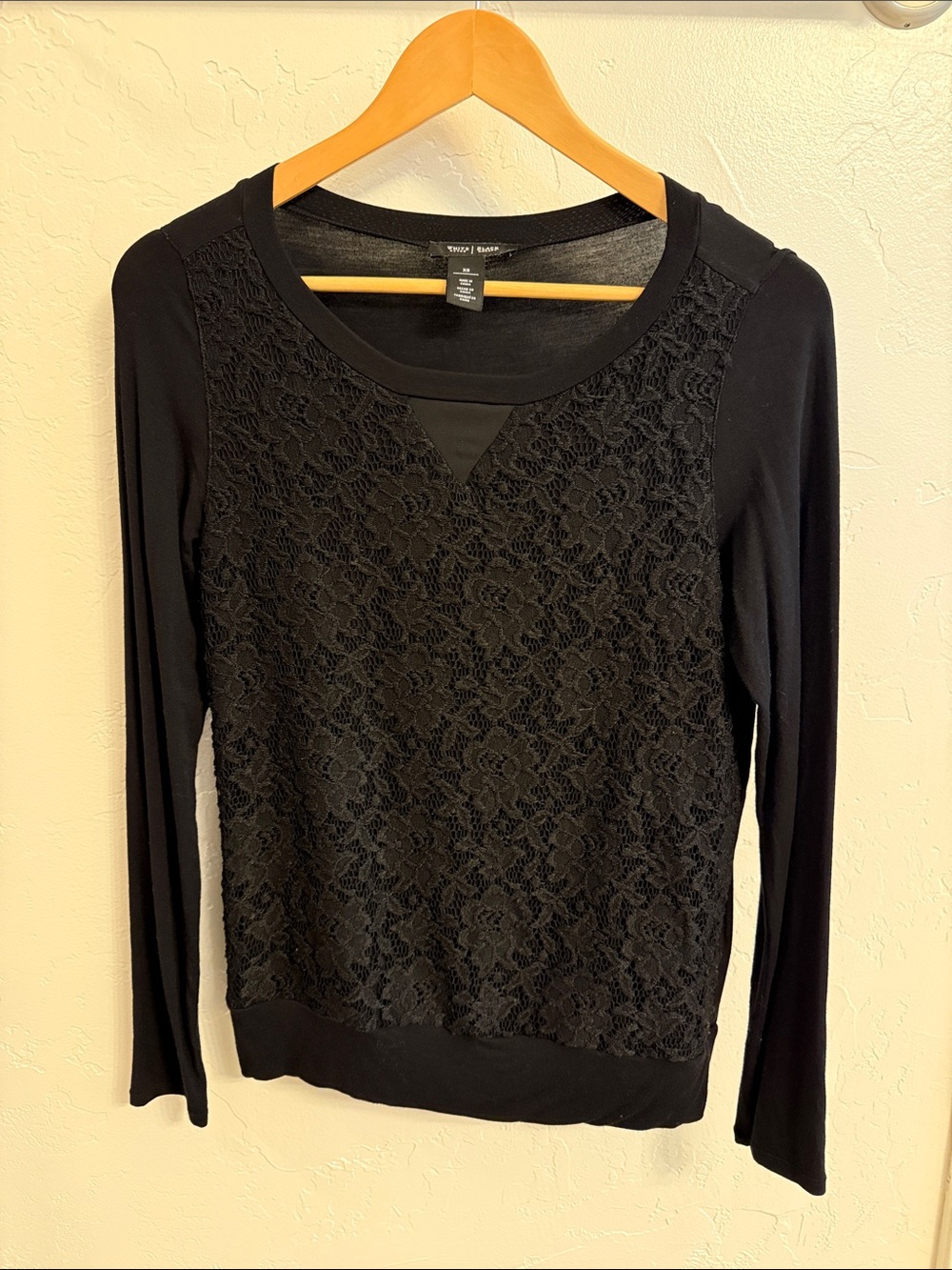 White House Black Market Black Lace Front Long Sleeve Tee